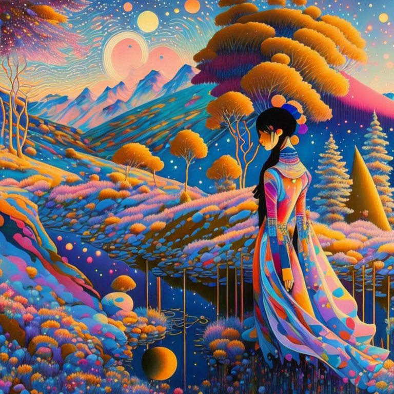 Colorful artwork: Woman in traditional dress in mythical landscape