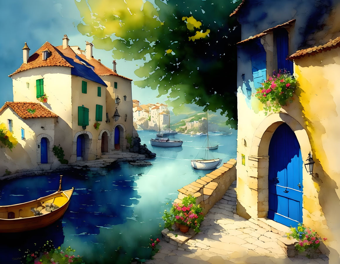 Colorful Artwork Depicting Seaside Town with Boats & Greenery