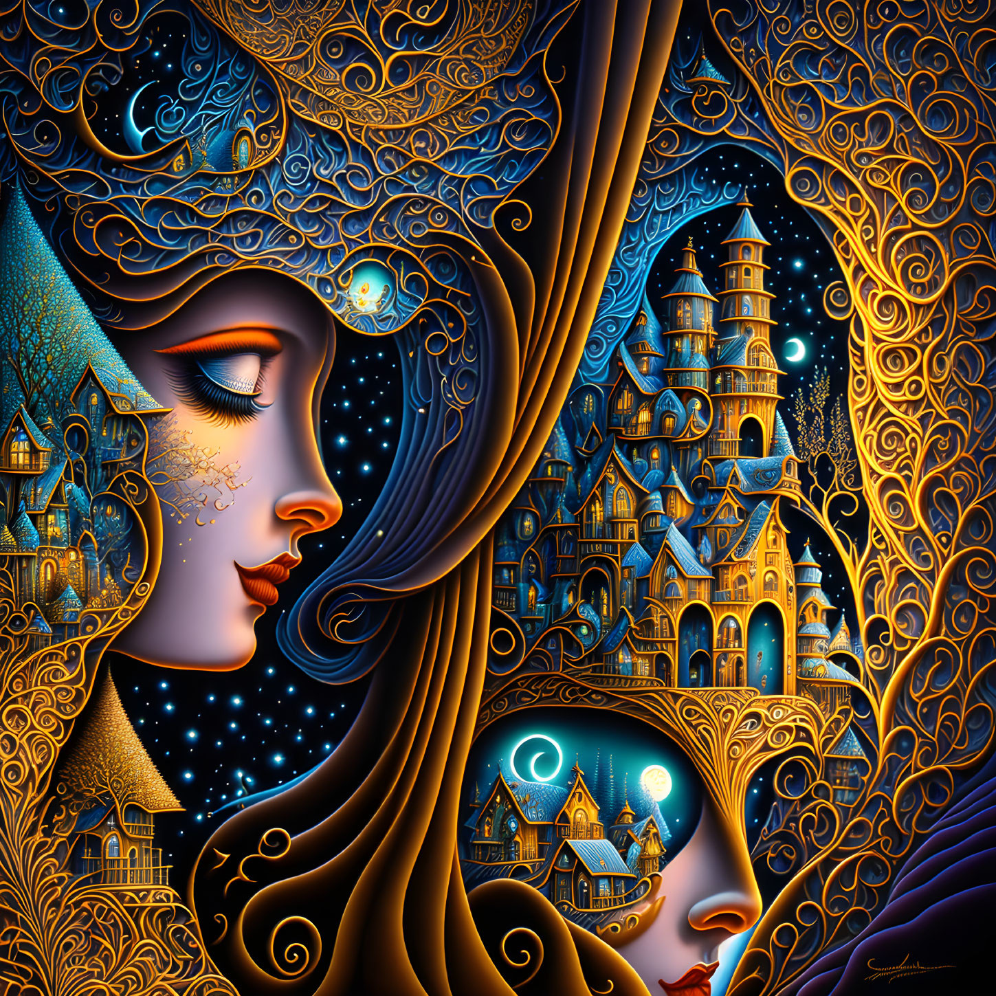 Illustration of stylized faces with swirling patterns, moon, starry sky, and castle.