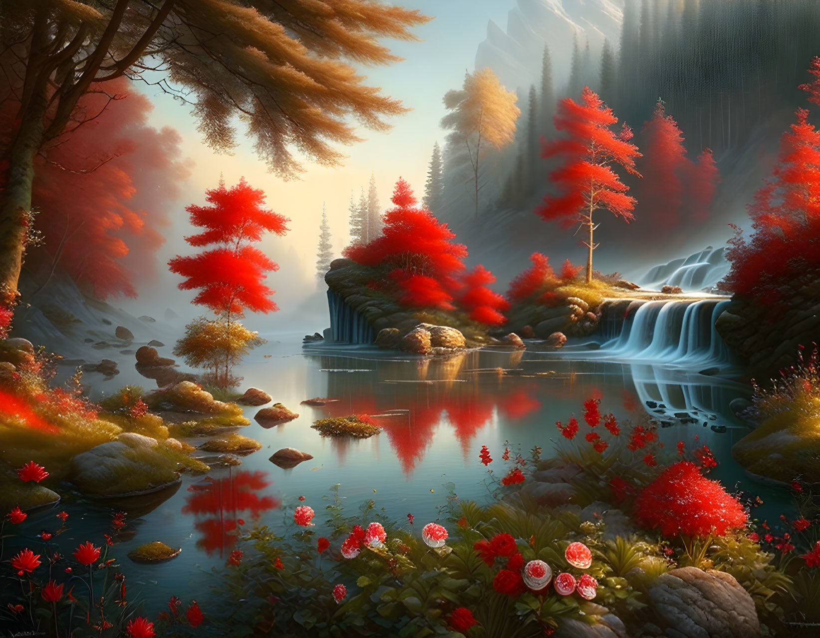 Tranquil landscape with waterfall, red trees, flowers, and river