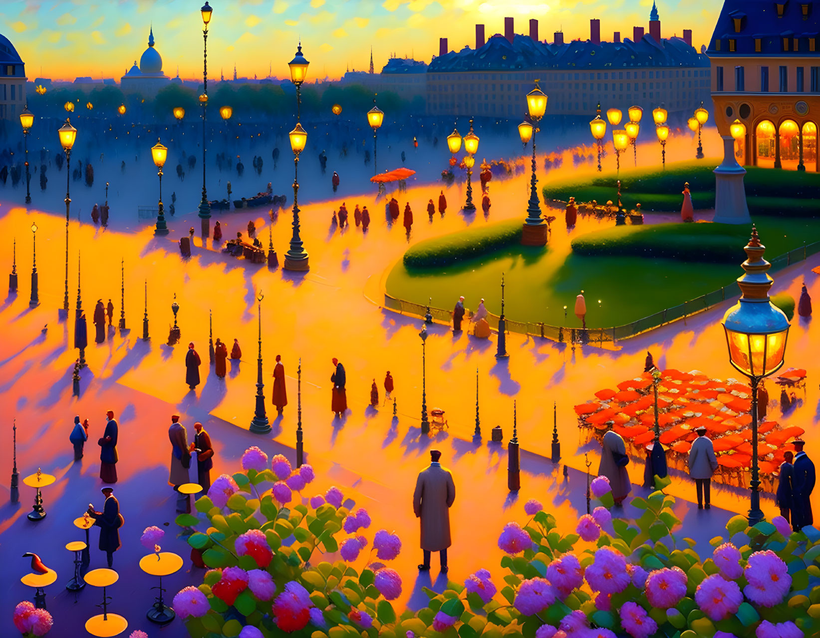 Vibrant city square at dusk with street lamps, flowers, and people.