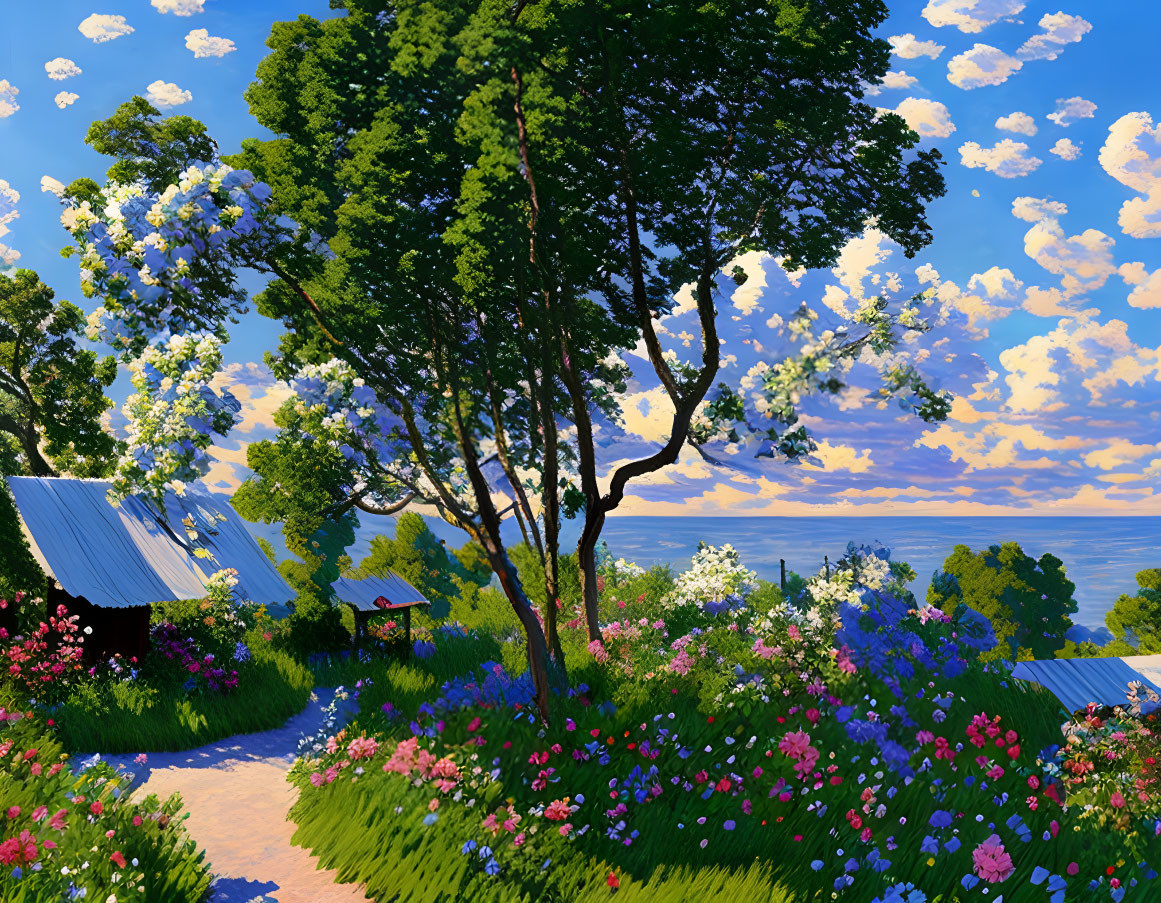 Colorful rural scene: blossoming trees, thatched cottage, flower-lined path, serene sea,