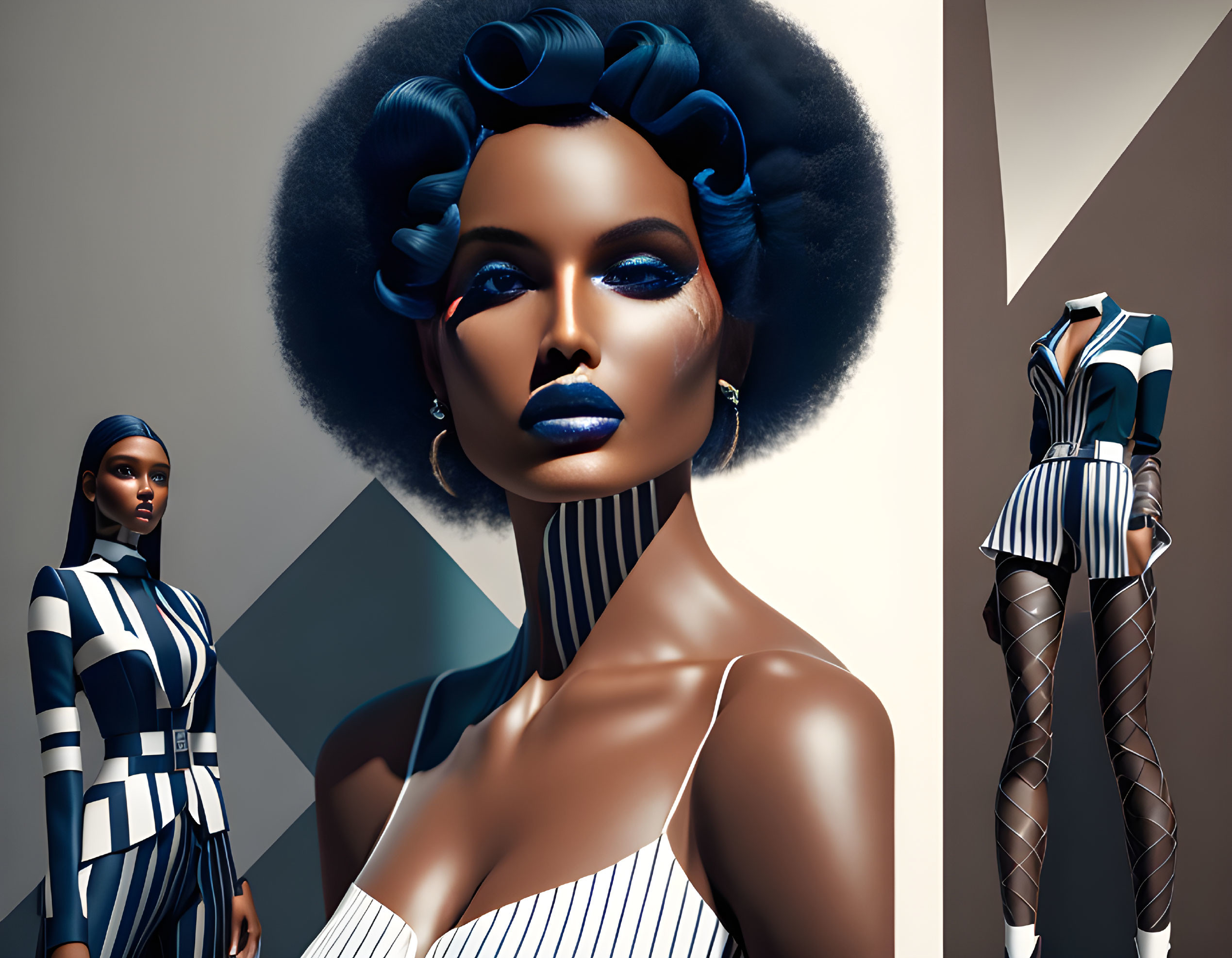 Stylish digital art: Two models with blue hair and bold makeup