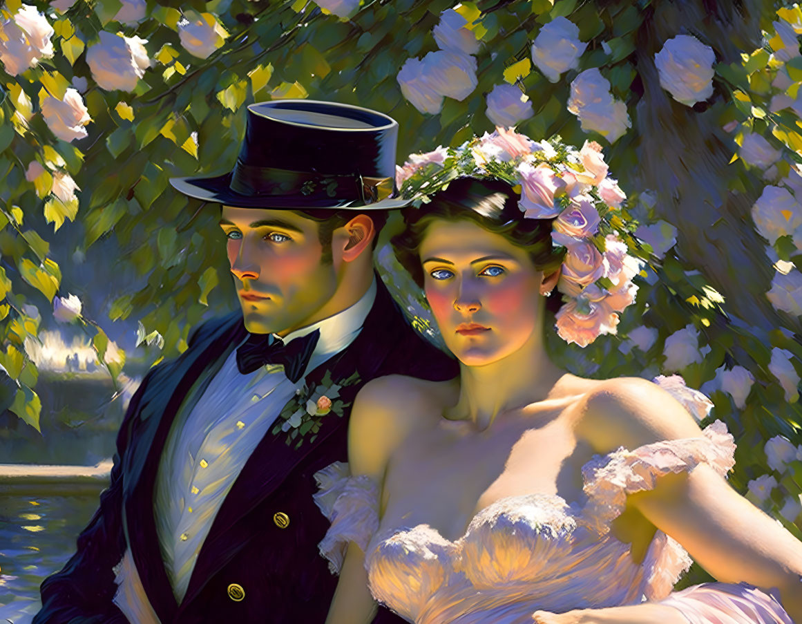 Bride and groom in formal wedding attire with sunlight through flower-laden branches