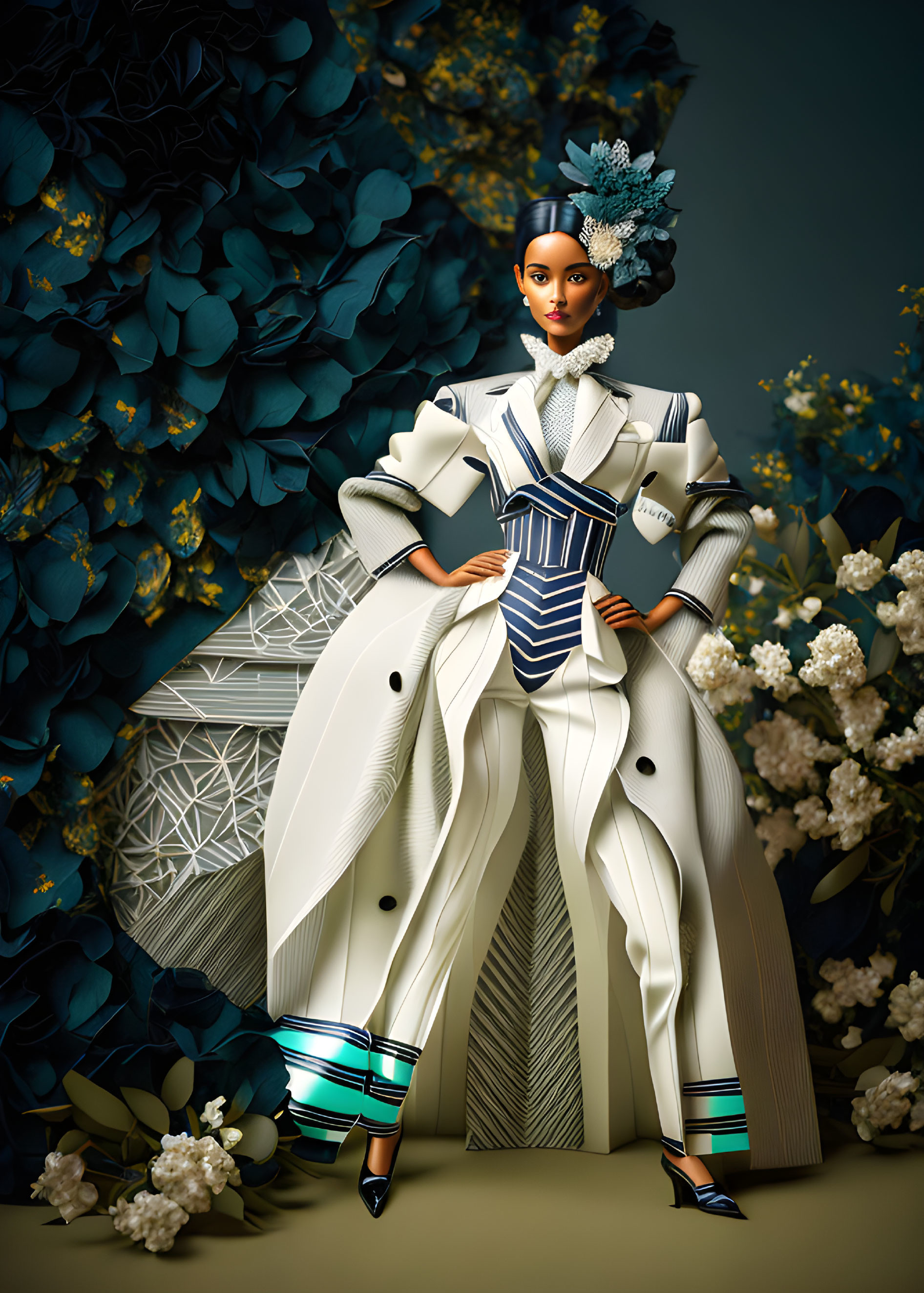 Illustrated doll in white suit with blue and black stripes, floral hat, amidst blue and white flowers