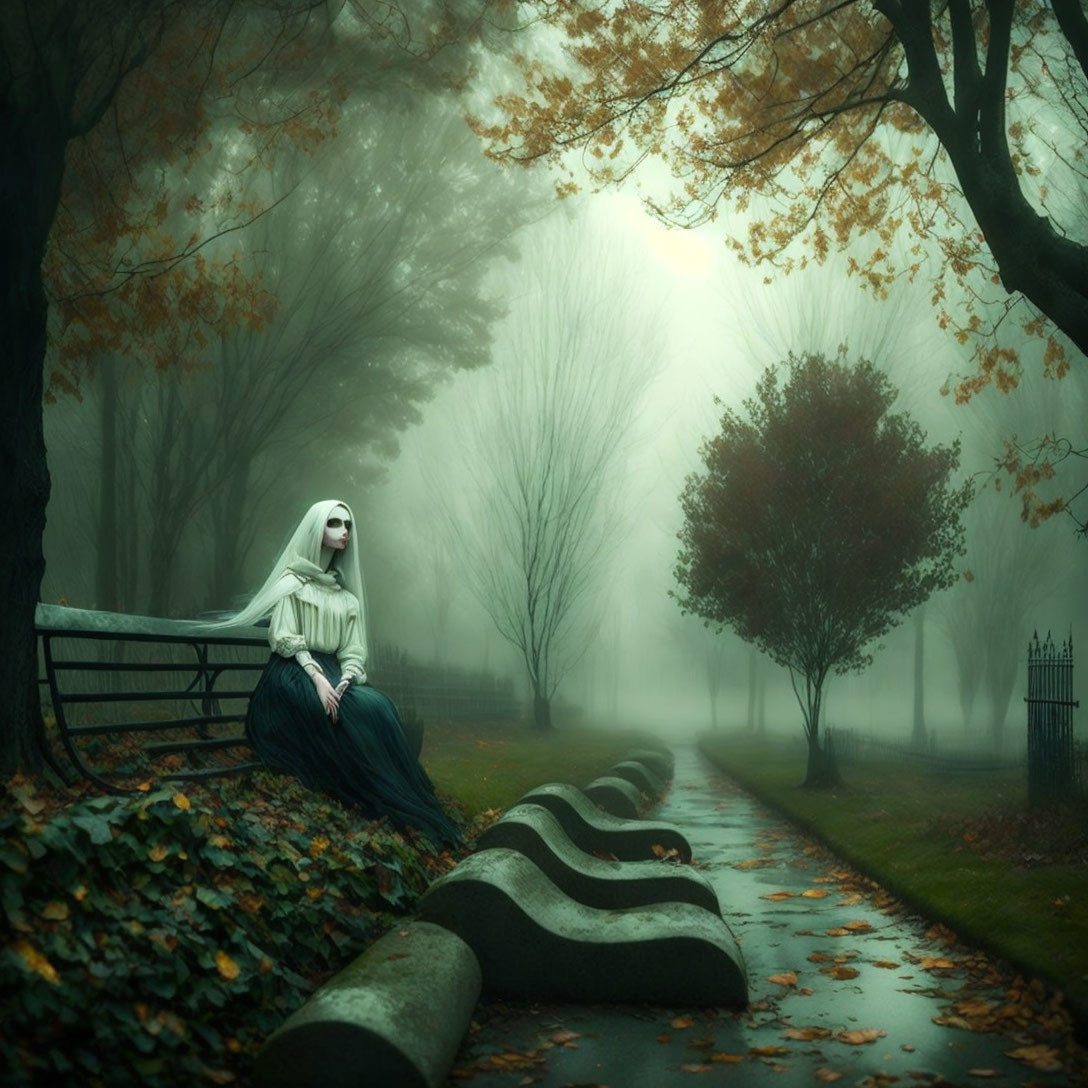 Person with long dark hair sitting on park bench in misty woods