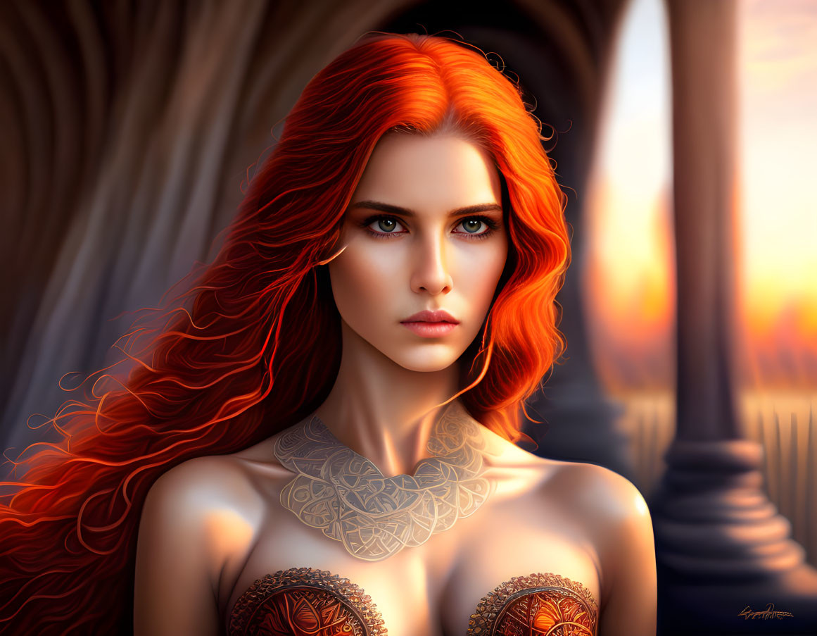 Digital artwork of woman with red hair, green eyes, chest tattoo, sunset background