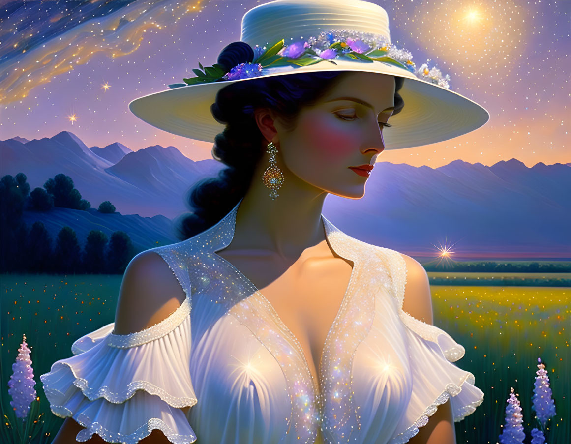 Illustrated woman in white dress and hat with flowers, standing in twilight field with stars and mountains.