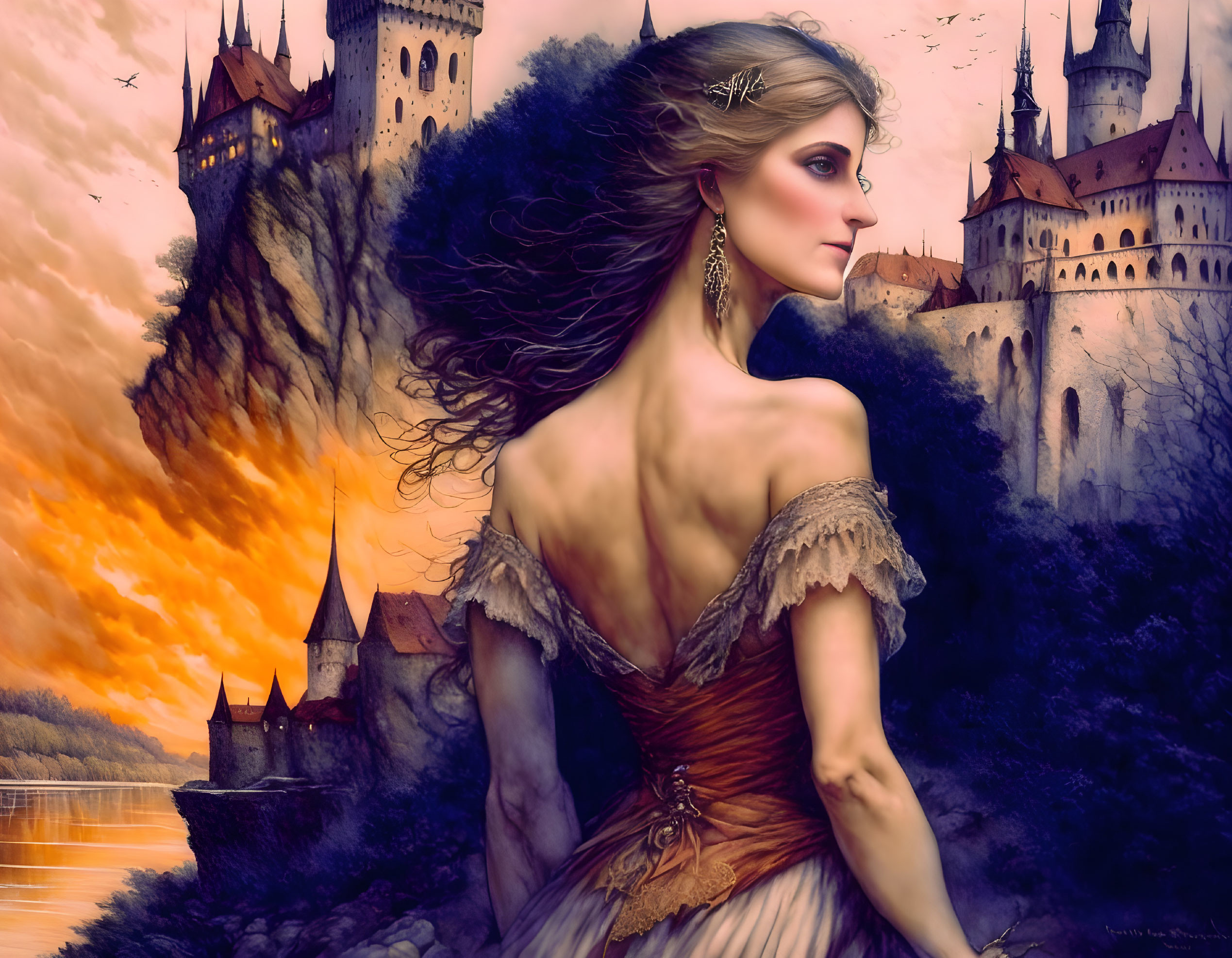 Medieval woman in dress gazes at castle in twilight landscape