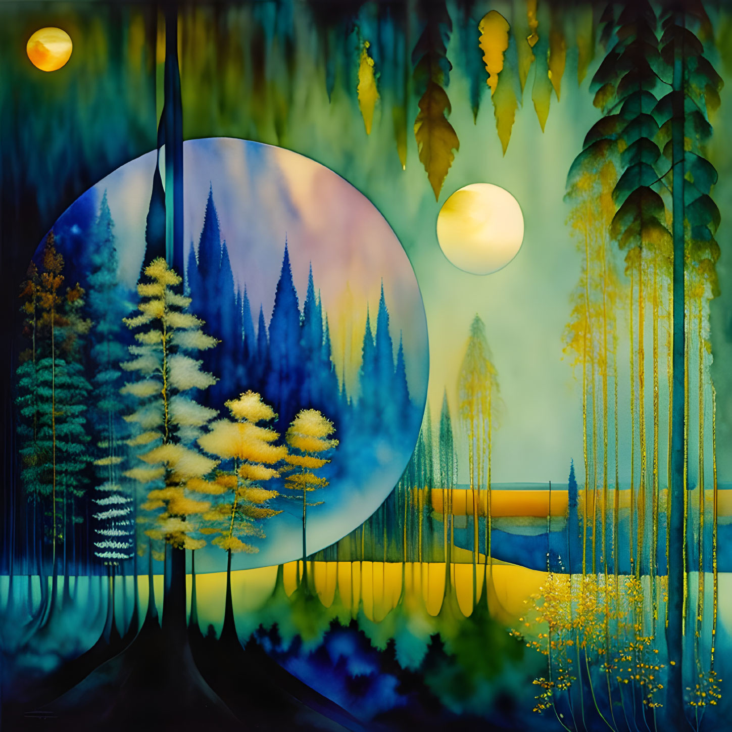 Surreal forest painting with vibrant trees and moon in blue and yellow palette