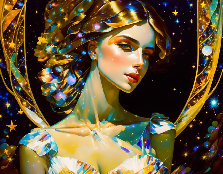 Illustrated woman in cosmic swirls with stars and vibrant colors