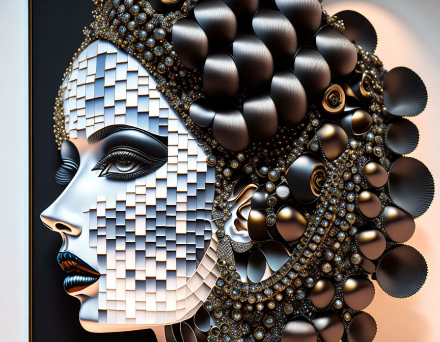 Geometric patterns on face with futuristic headpiece.