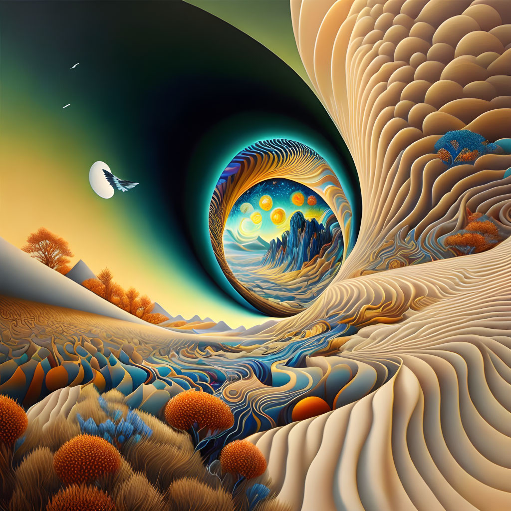 Surreal landscape with swirling patterns and circular night sky portal