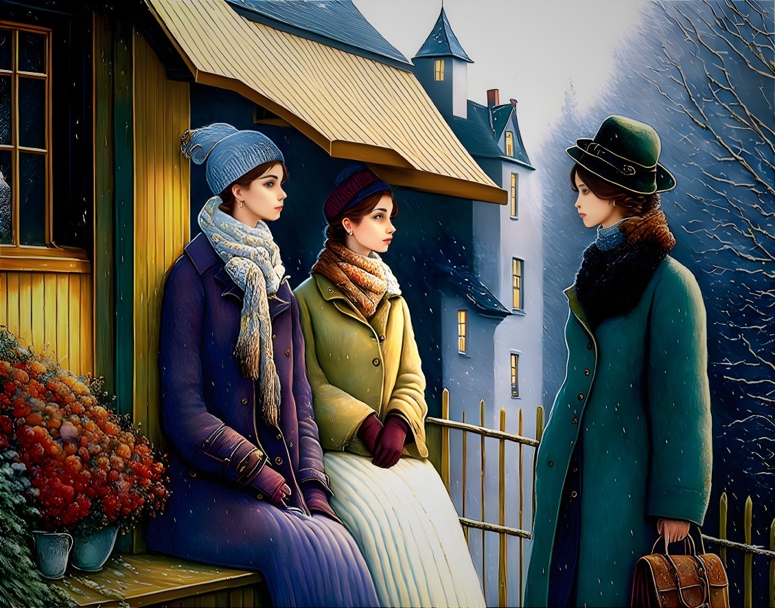 Animated women in elegant attire chat near snowy house with castle backdrop.