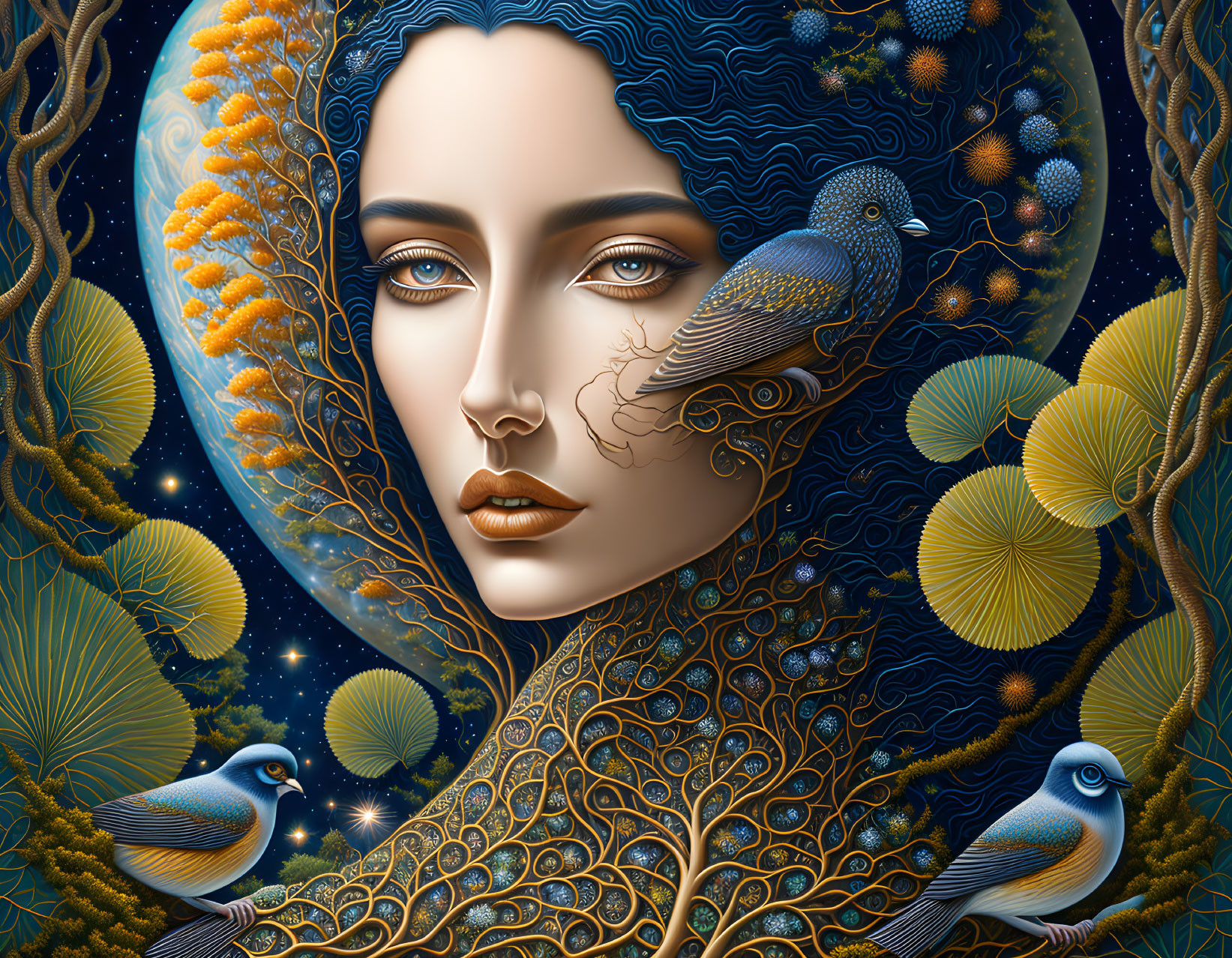 Surreal nature-themed woman illustration in blue and gold palette