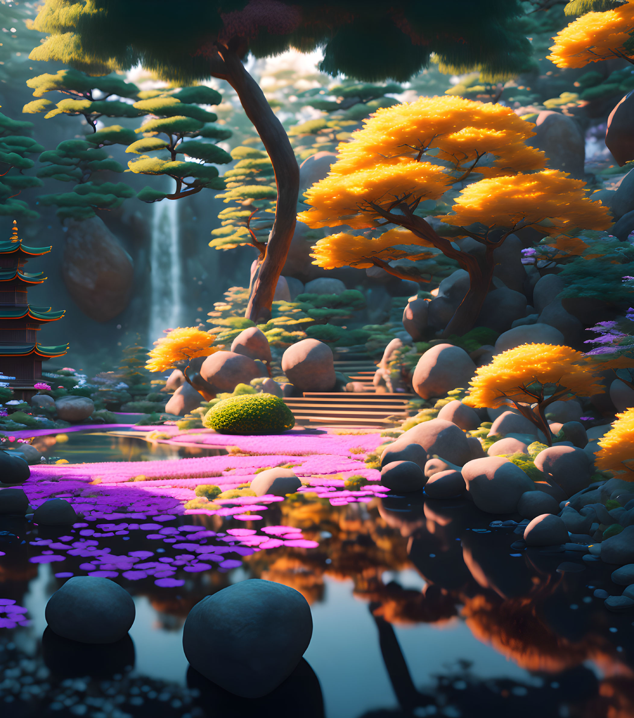 Serene waterfall and colorful flora in vibrant fantasy garden