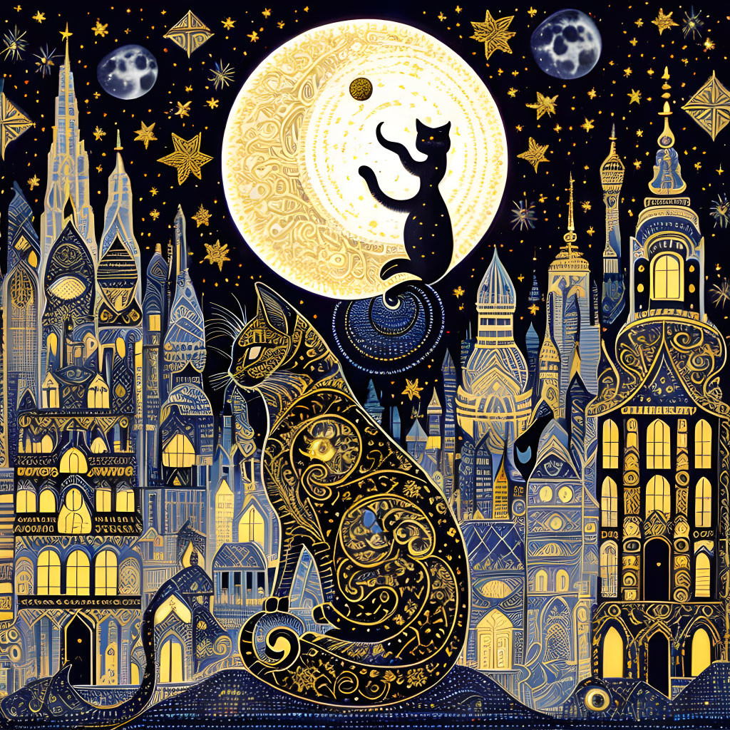 Whimsical cat illustration with moon, starry sky & fantasy architecture