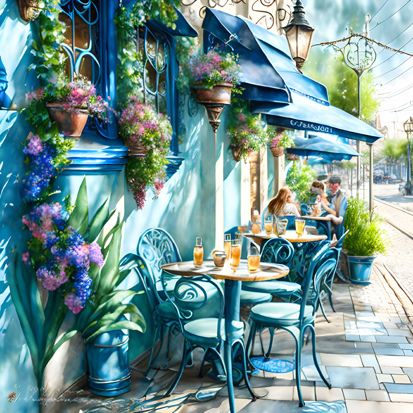 Vibrant outdoor café with blue furniture and blooming flowers