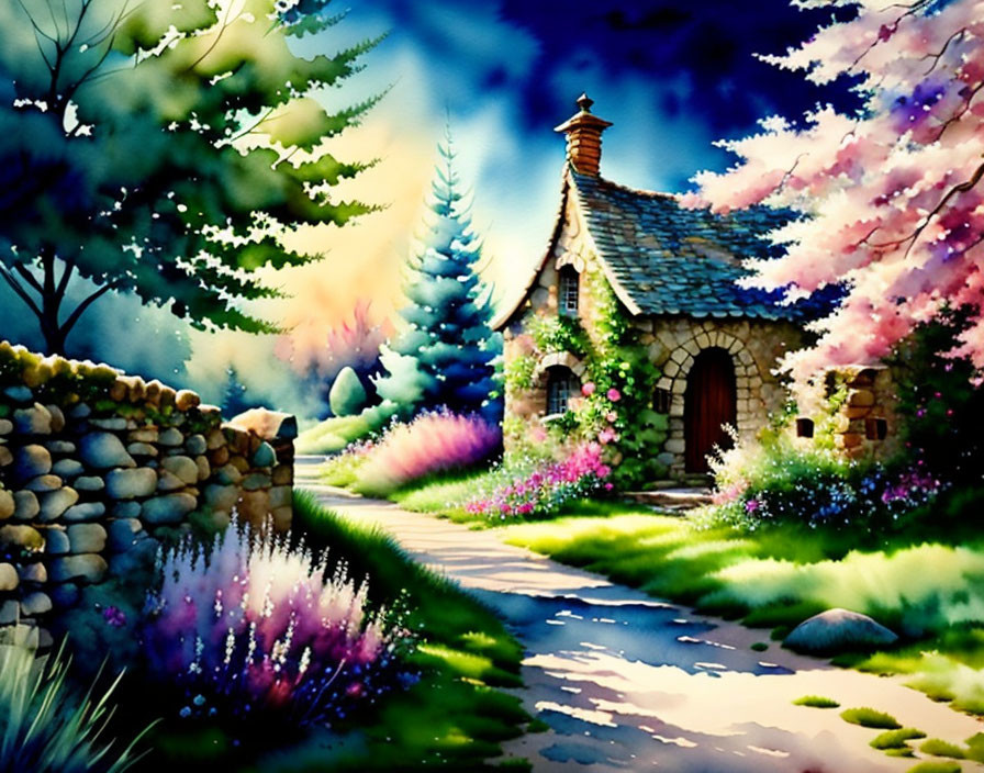 Stone cottage with chimney in colorful nature scene