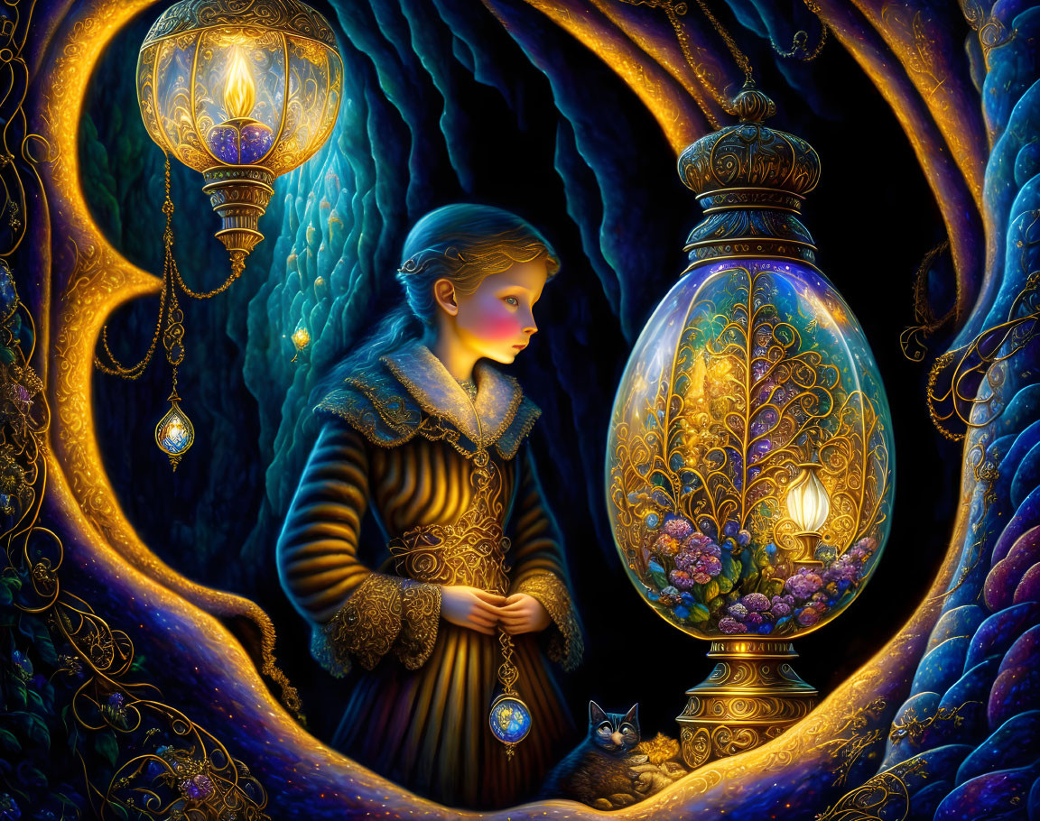 Fantastical girl with lantern, cat, and ornate egg in swirling golden patterns