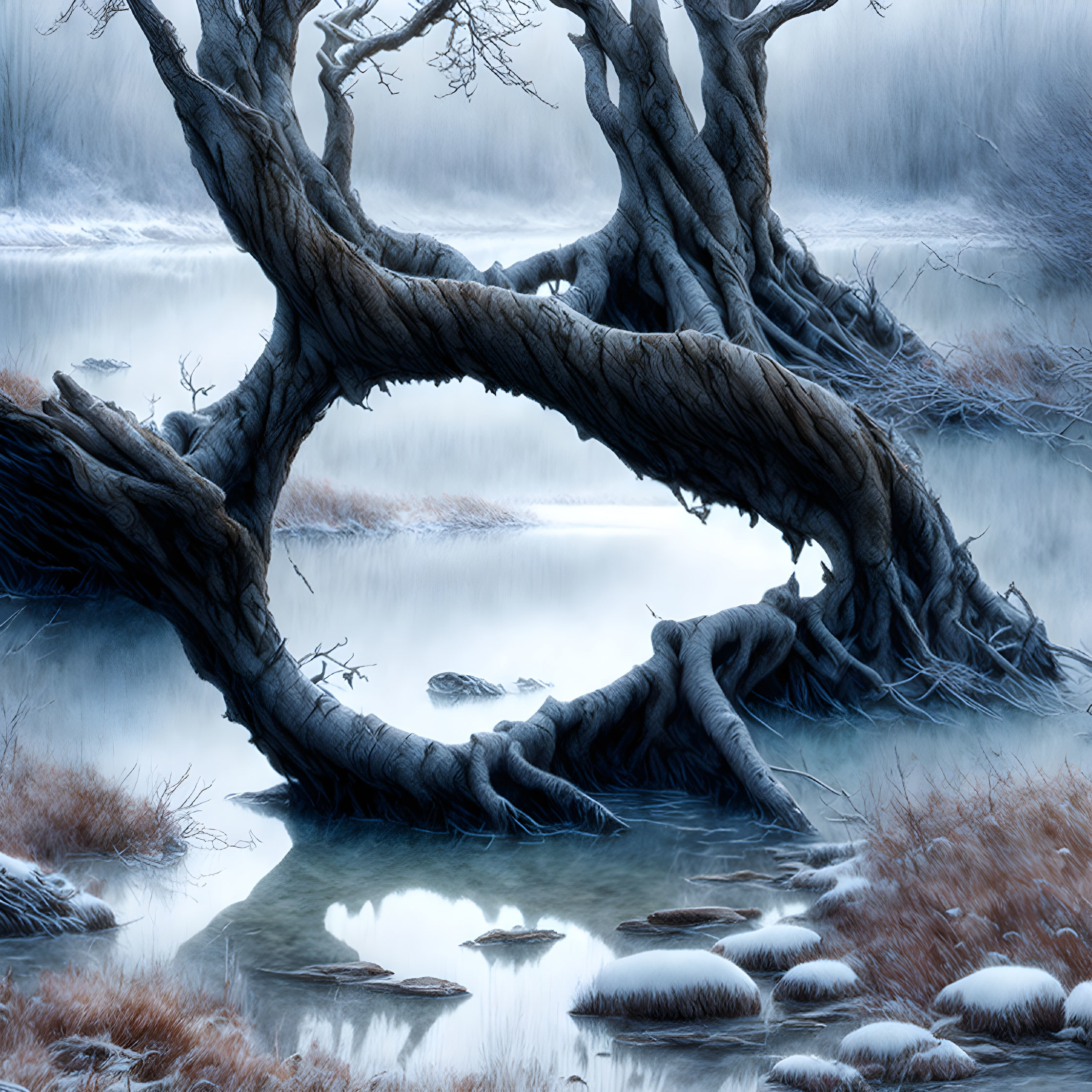 Wintry scene: Arching tree by frozen pond