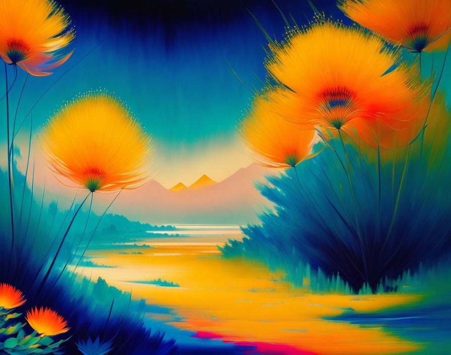 Colorful painting of orange flowers, mountains, and river on blue backdrop