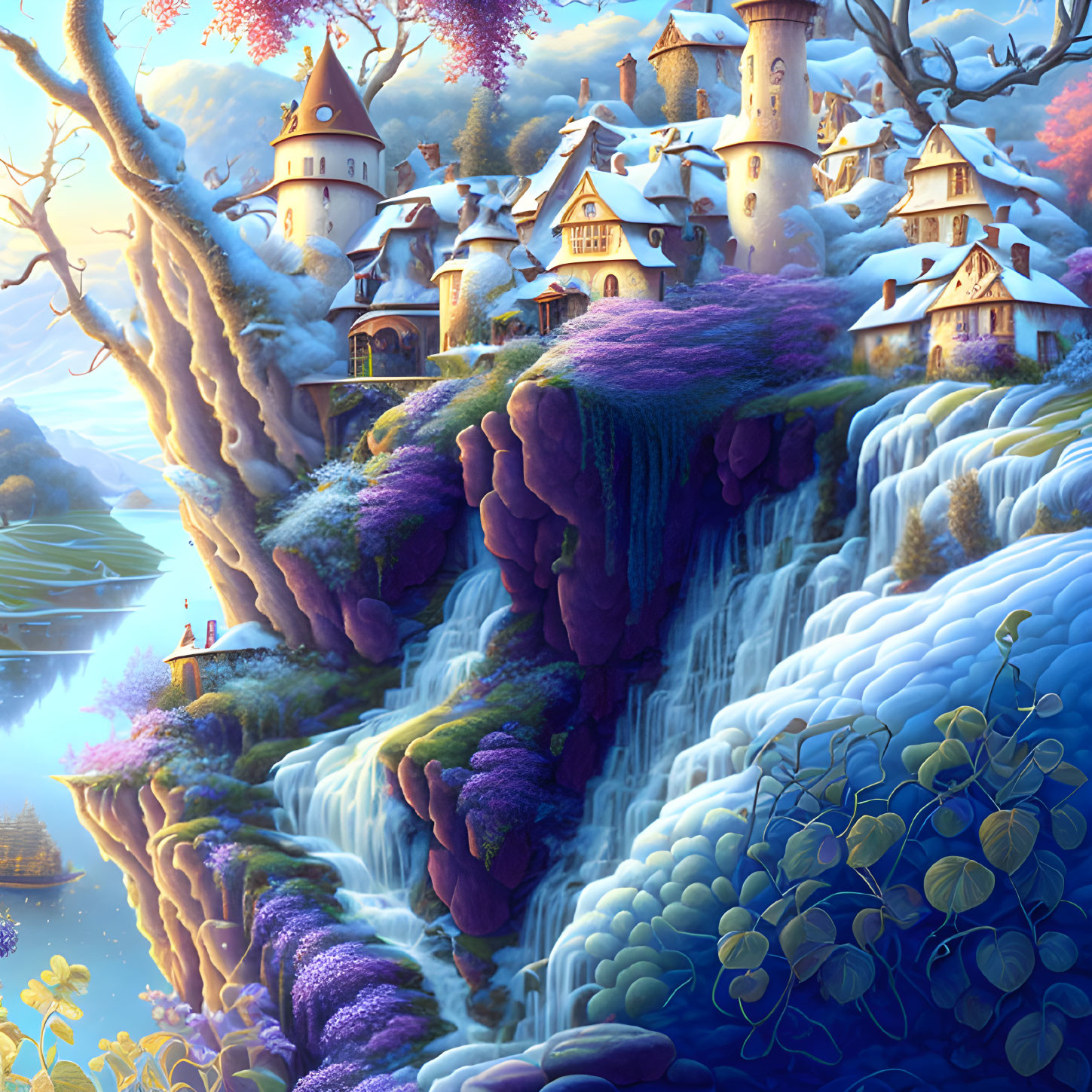 Vibrant purple flora and cascading waterfall in fantastical landscape