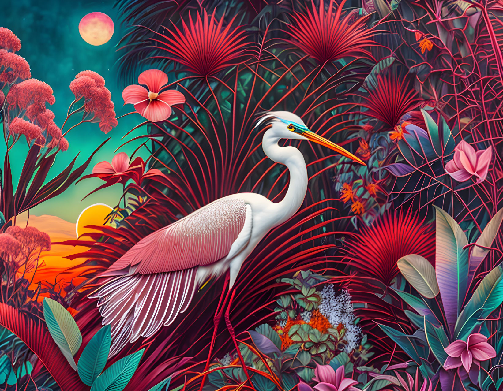 Colorful digital artwork: white egret in tropical setting with pink moon