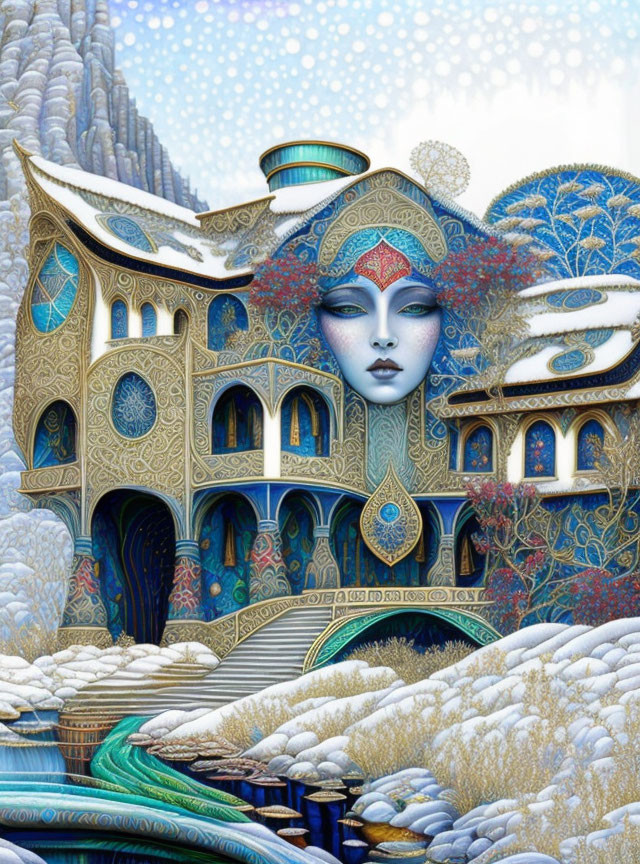 Illustration of woman's face merged with fantastical house in snowy landscape