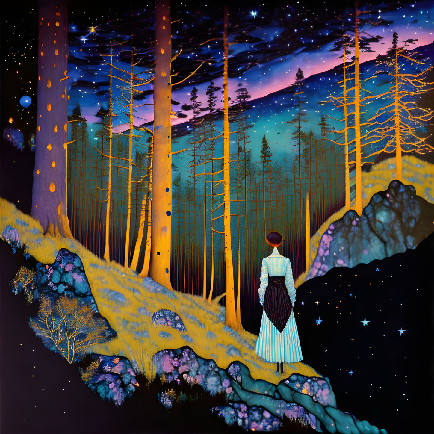 Vintage-clad person in surreal forest under starry sky.