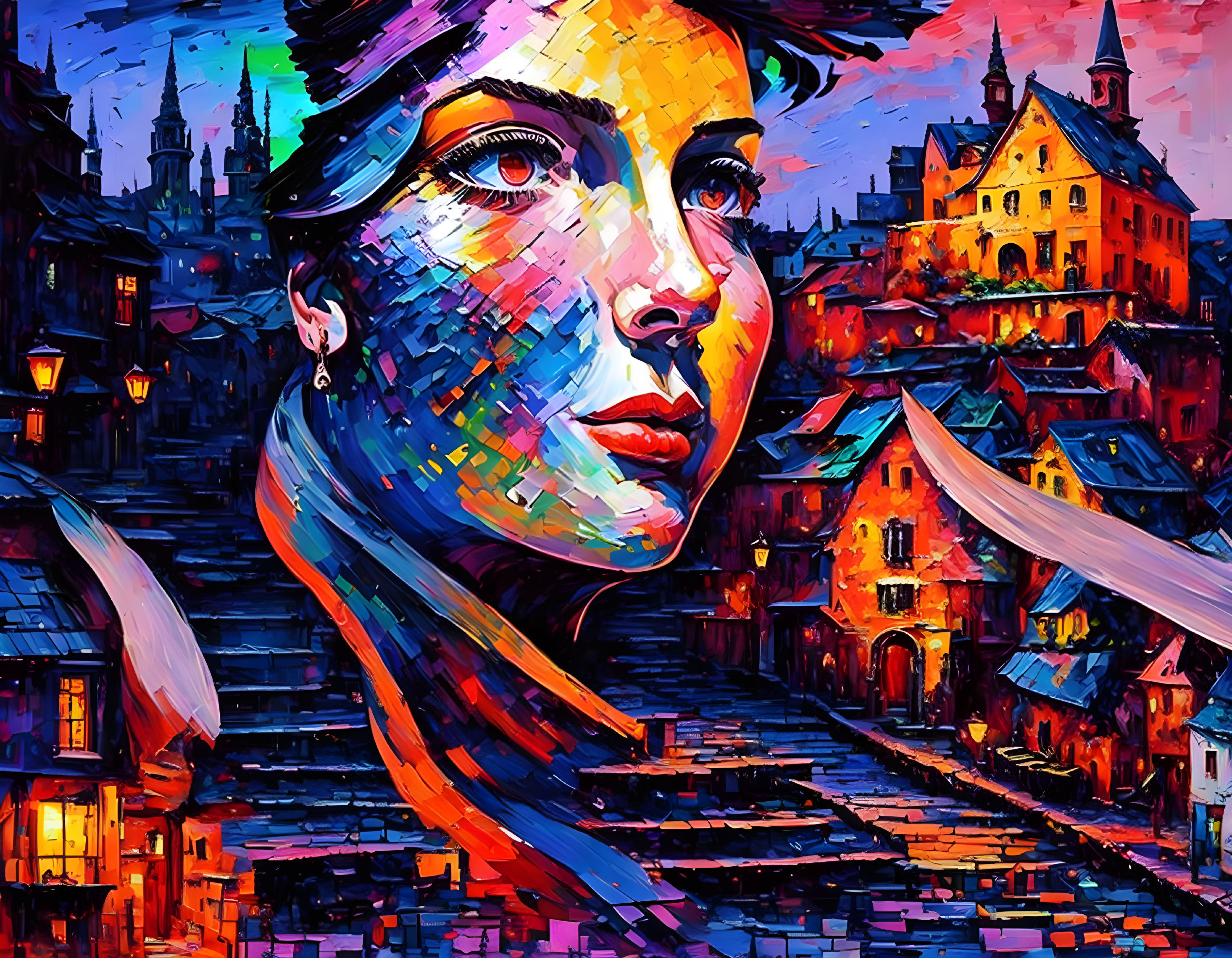 Vibrant cubist-style portrait overlaying cityscape at night