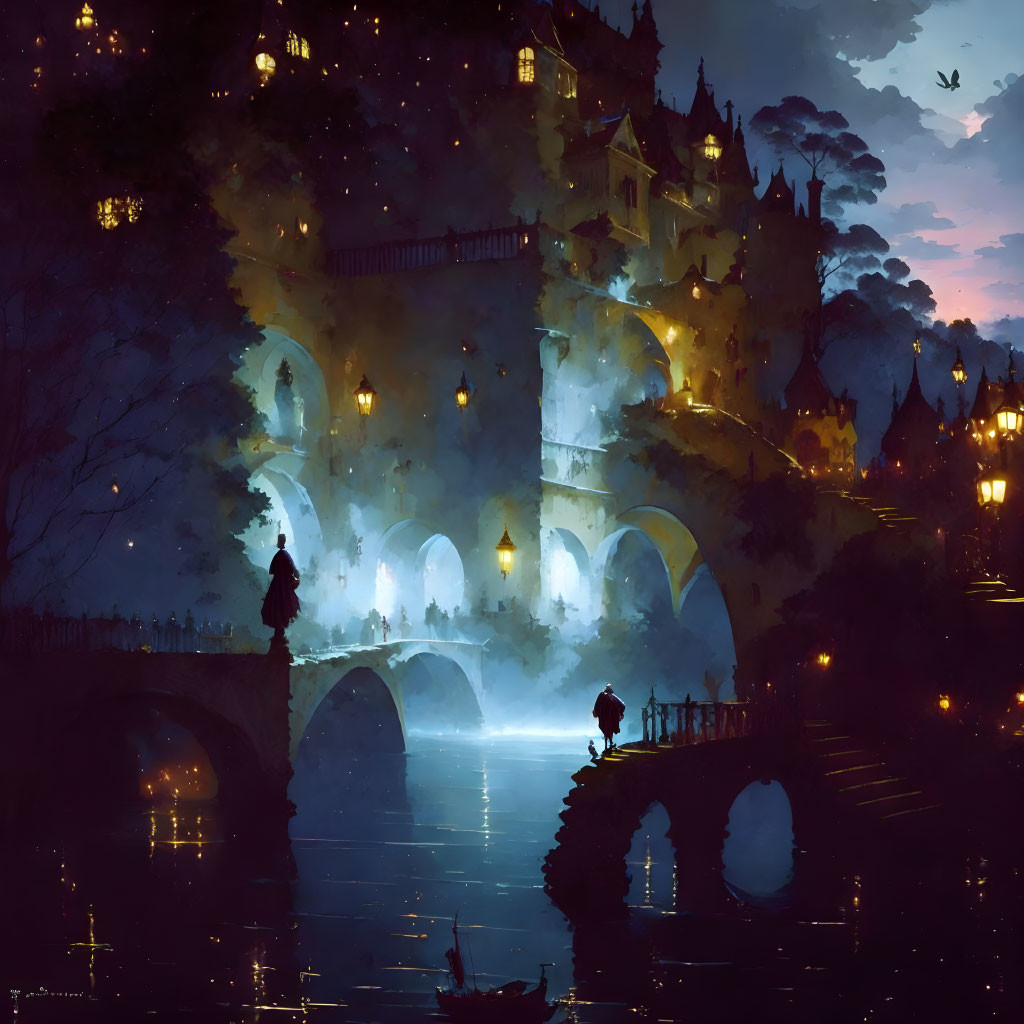 Fantasy artwork: Grand castle at night with figures on bridge and boat