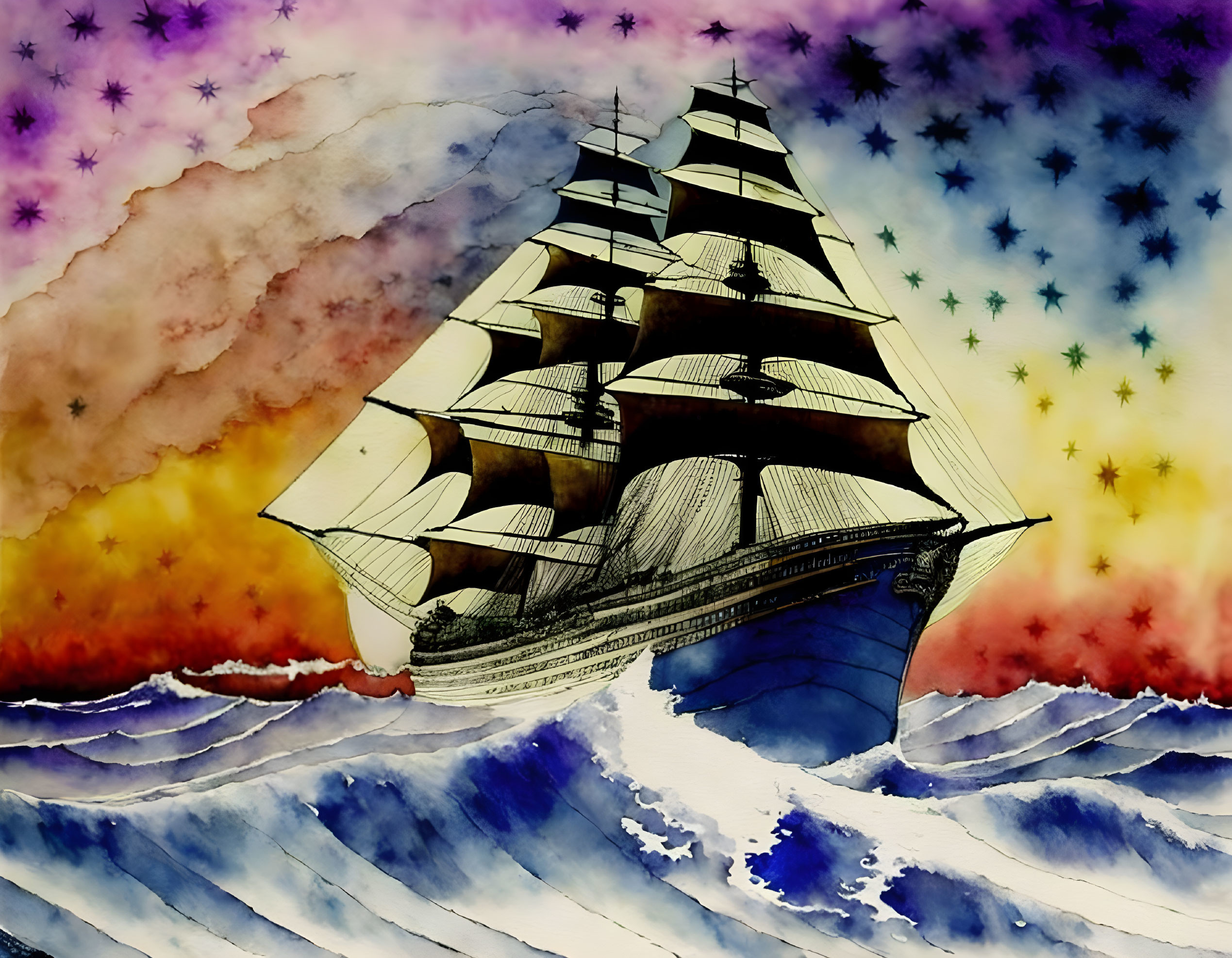 Classic sailing ship watercolor painting on choppy sea under star-spangled sky