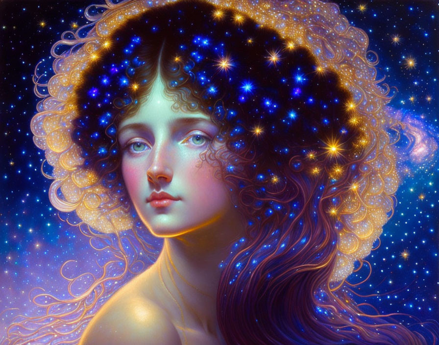 Digital portrait of a woman with cosmic hair in a starry night sky