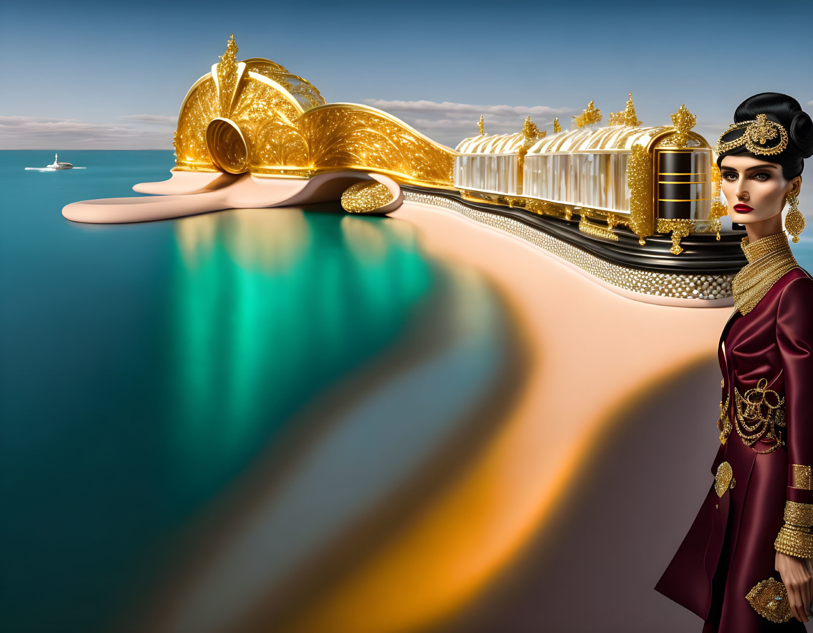 Surreal image: Woman in elaborate attire next to golden train and genie's lamp on beach