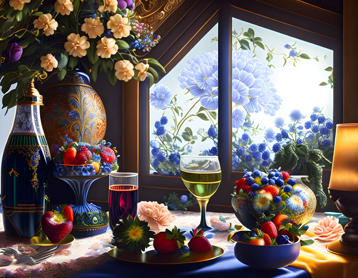 Colorful Still Life with Vase, Fruits, Wine, and Flowers in Sunlight