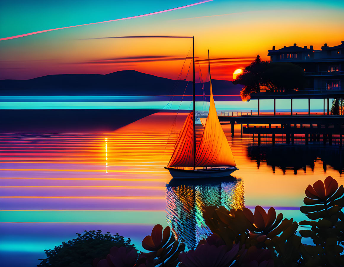 Colorful sunset scene: sailboat on lake with neon reflections and silhouetted foliage