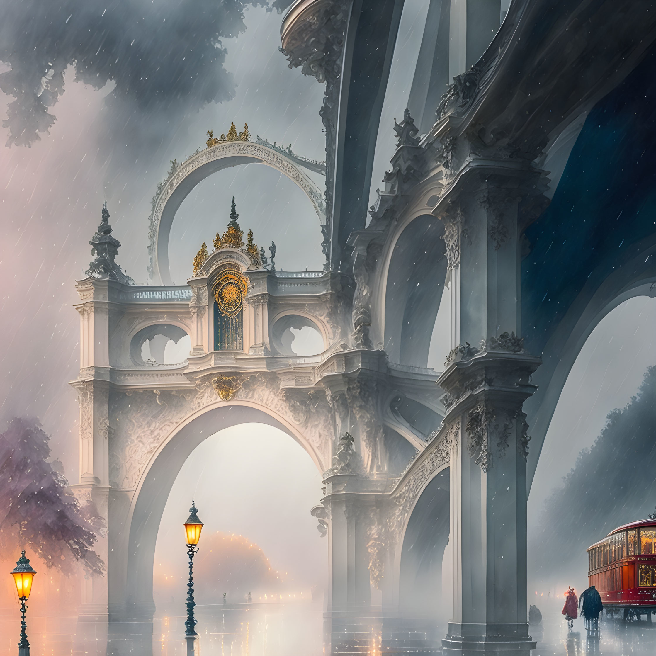 Vintage red tram and ornate arching structures in misty scene