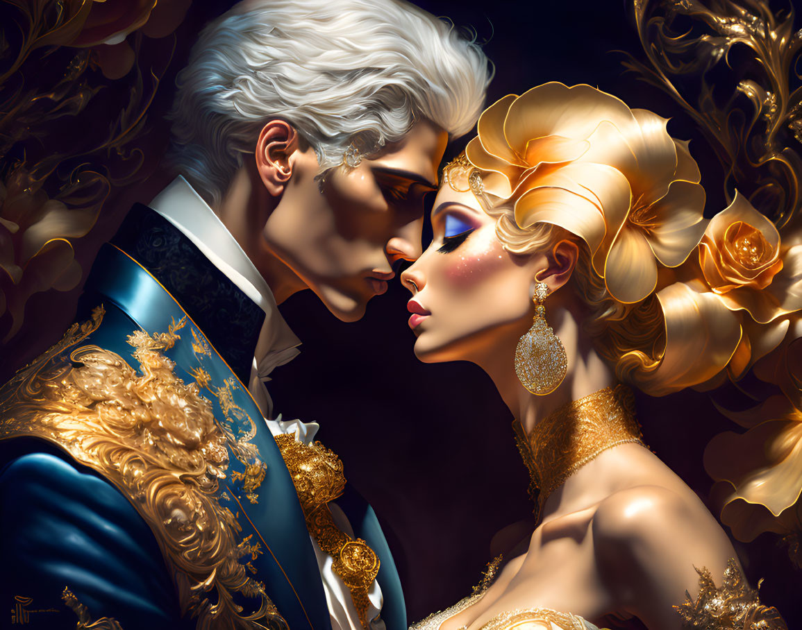 Detailed digital artwork of noble couple in elaborate golden and blue attire