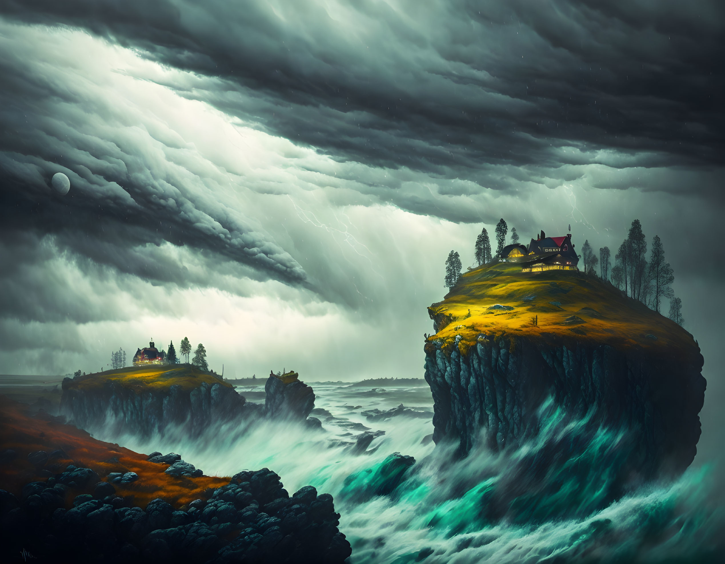 Floating island with house, trees, stormy skies, and turbulent sea below