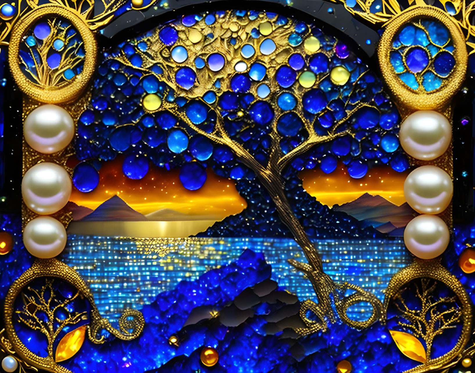 Colorful digital artwork: Golden tree with blue jewels in ornate desert sunset setting