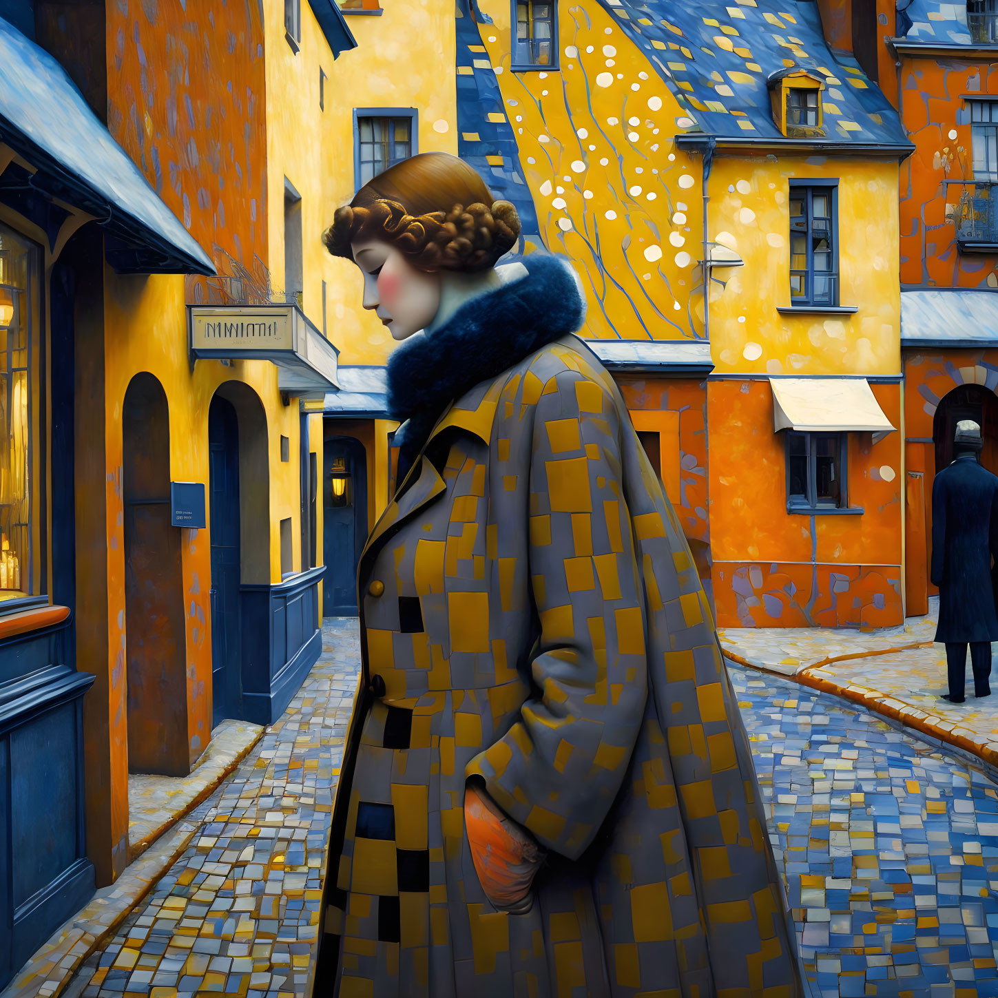 Woman in Patterned Coat Stands in Cobblestone Alley with Vibrant Buildings