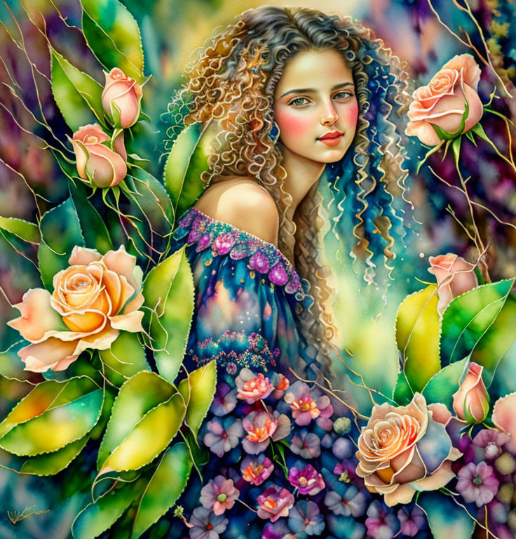 Vibrant woman with curly hair among roses and foliage.