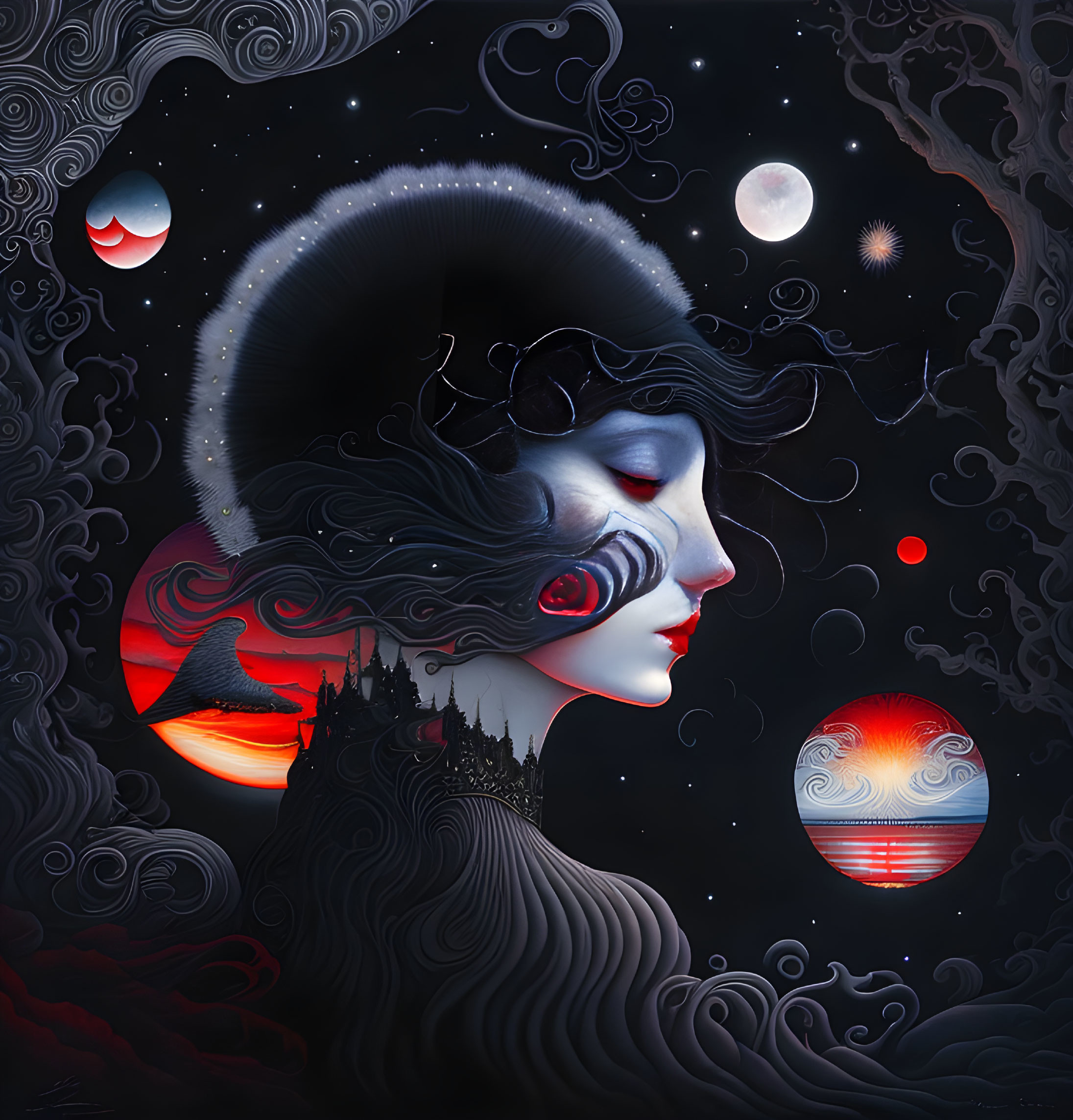 Surreal art: Woman with cosmic features, celestial bodies, trees, and a castle in night