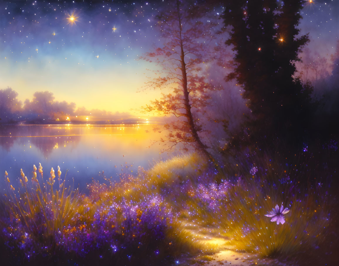 Tranquil riverside at dusk with vibrant wildflowers, reflective water, starry sky.