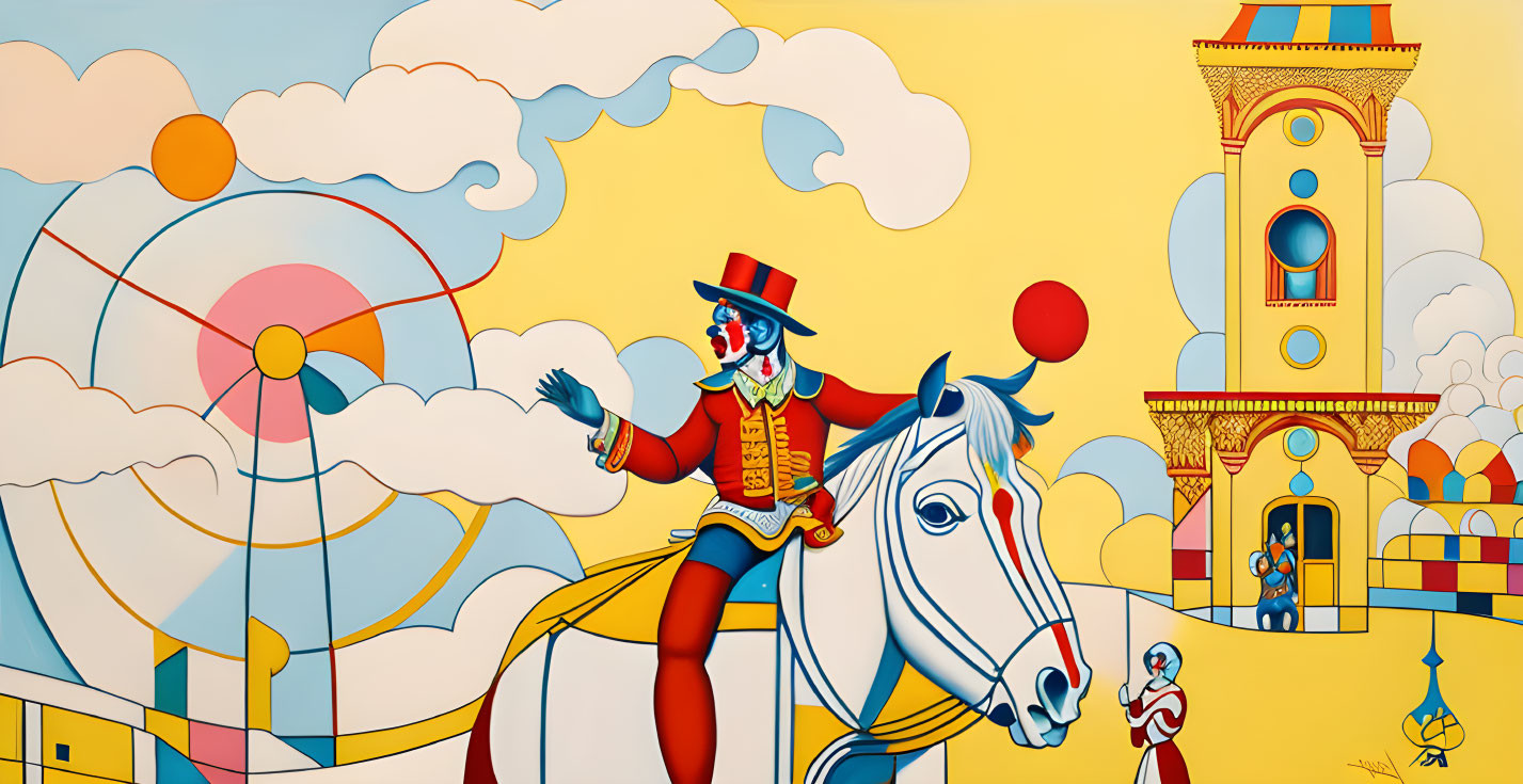 Colorful Circus Scene with Ringmaster, Ferris Wheel, and Whimsical Buildings