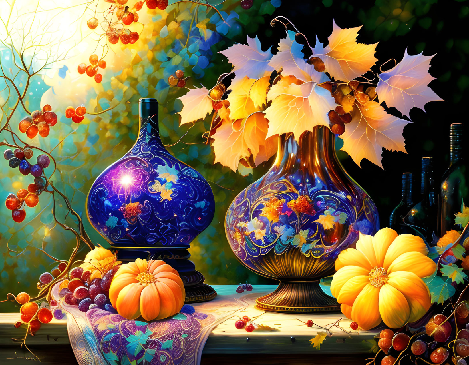 Ornate blue vases, grapes, pumpkins, and autumn leaves in warm glow