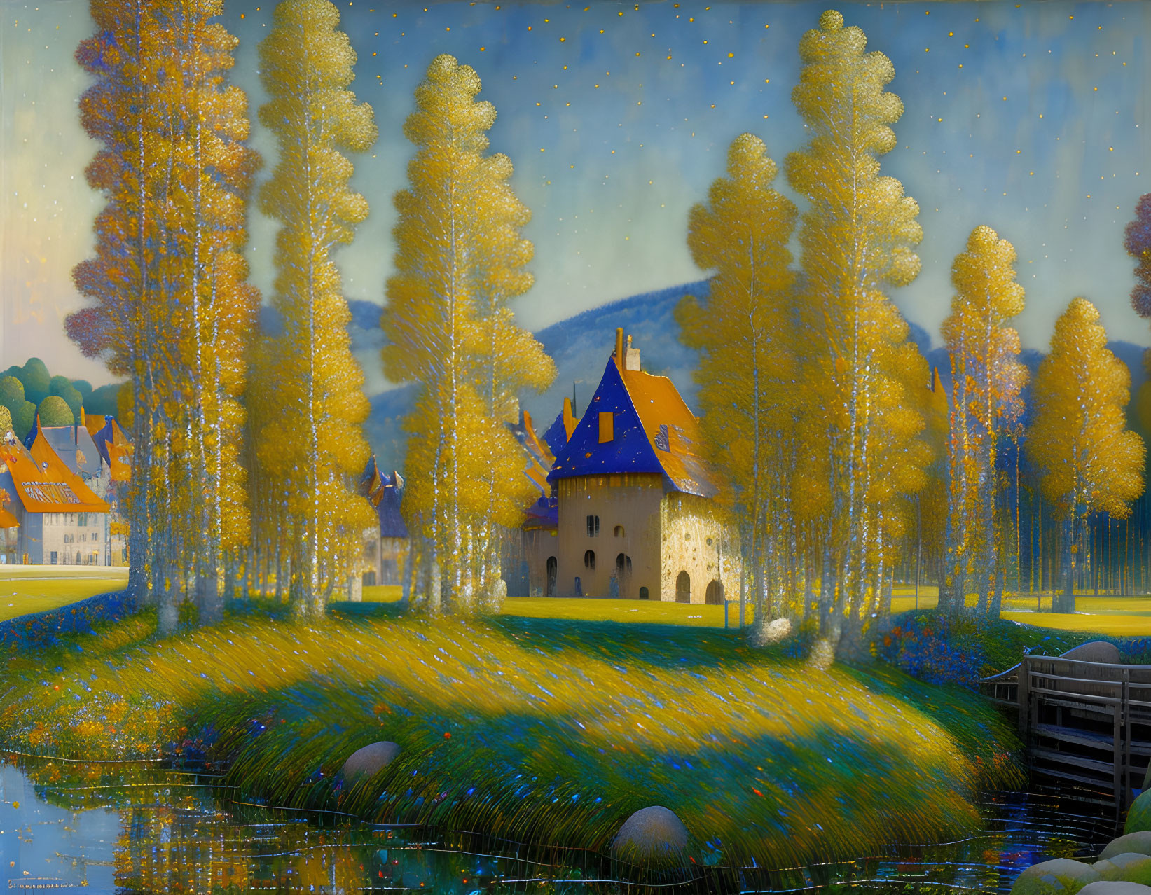 Scenic painting of quaint chateau in autumnal landscape