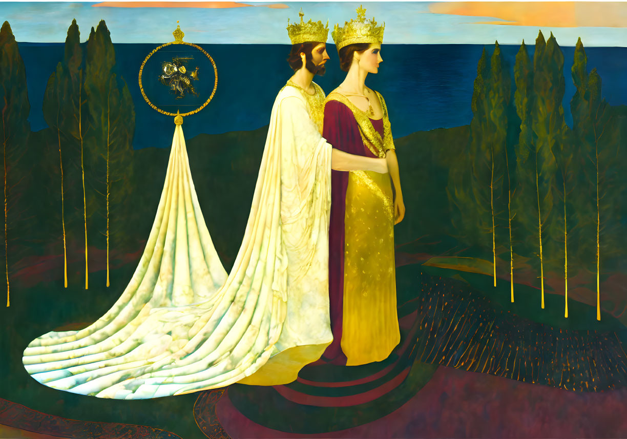 Regal couple in medieval attire with crowns by seascape at twilight