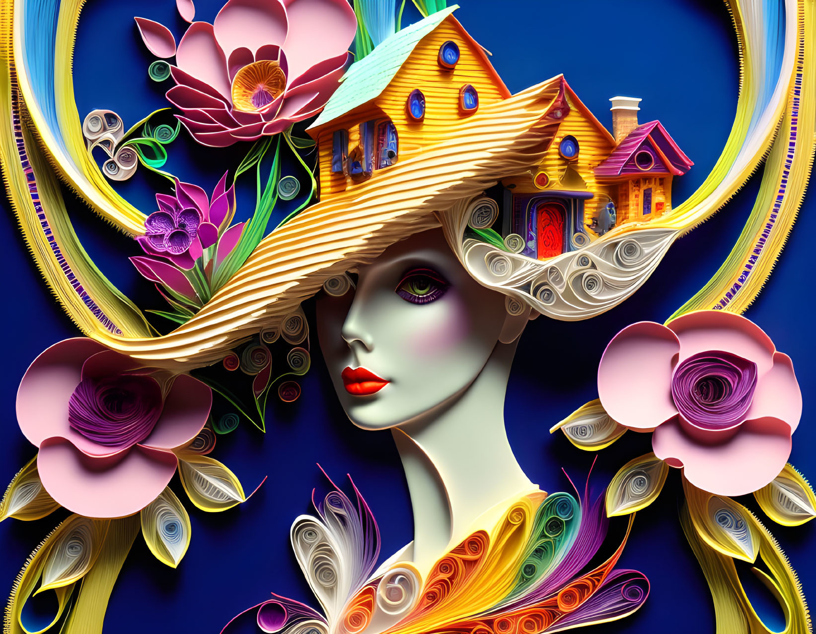 Colorful Quilled Hair Mannequin Artwork with Floral Patterns on Blue Background